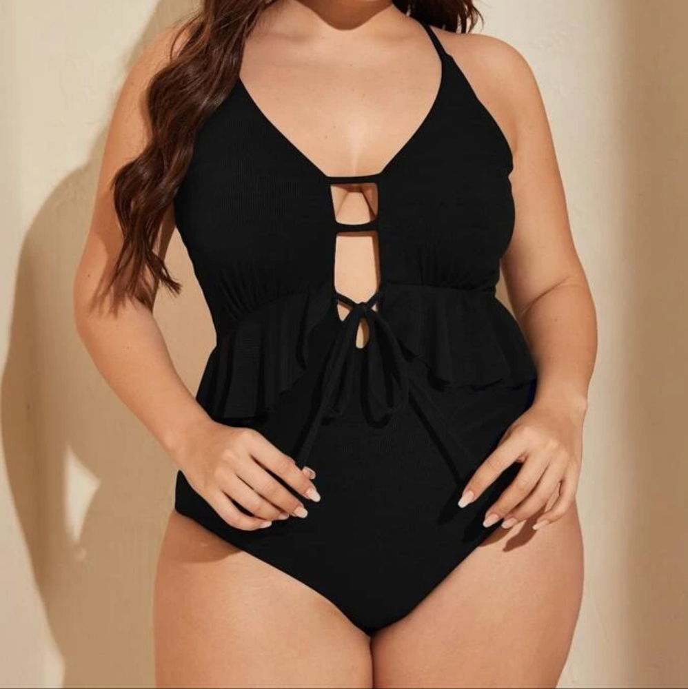 NWOT SHEIN 2XL Black Tie Front Ruffle Trim One Piece Swimsuit